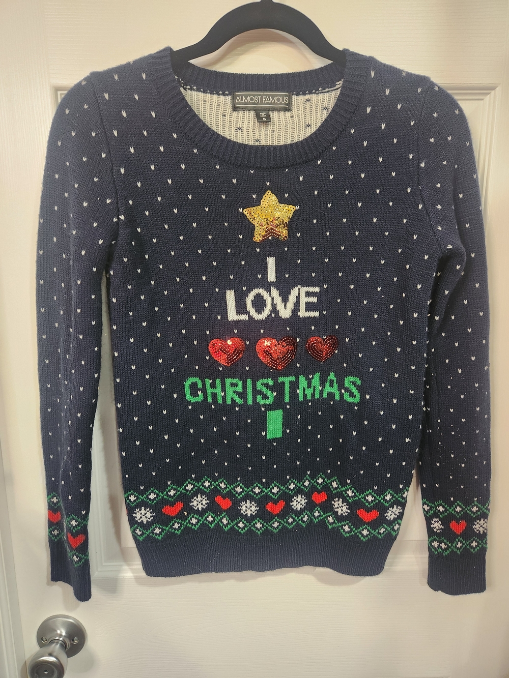 Almost Famous I Love Christmas Sequin Fair Isle Sweater Small